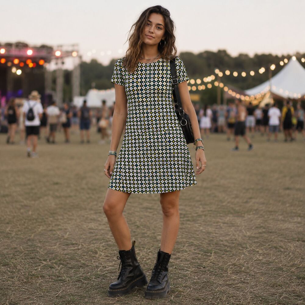 Vintage Festival Checkered Floral 90s Handmade Babydoll Mini Dress